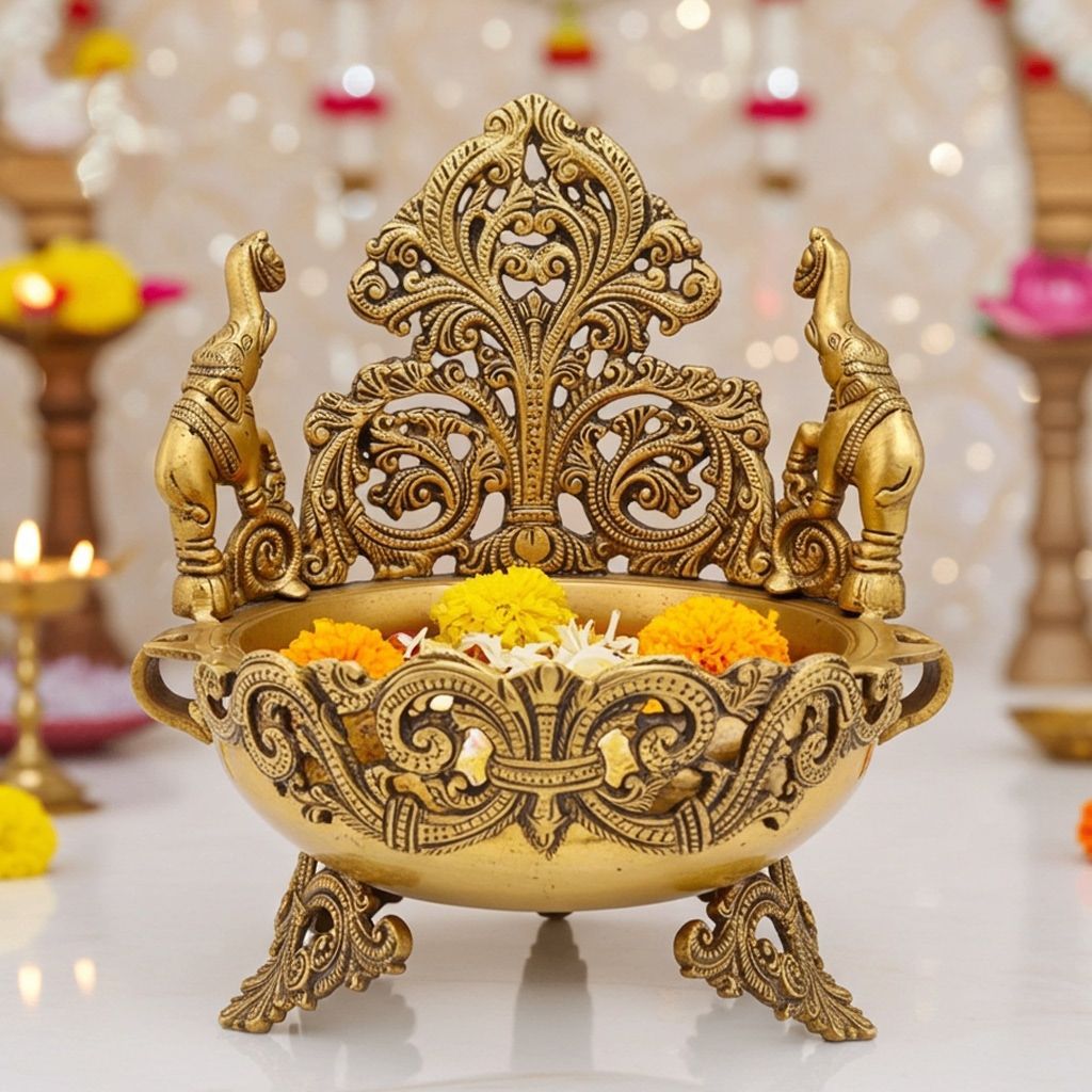 Brass Decorative Peacock Flower Urli - Artistic Handcrafted Bowl, Diameter : 8 Inch (BSMAS1146 A)