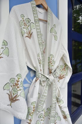 Pista Green Floral waffle cotton Bathrobe Pista Green Floral waffle cotton Bathrobe