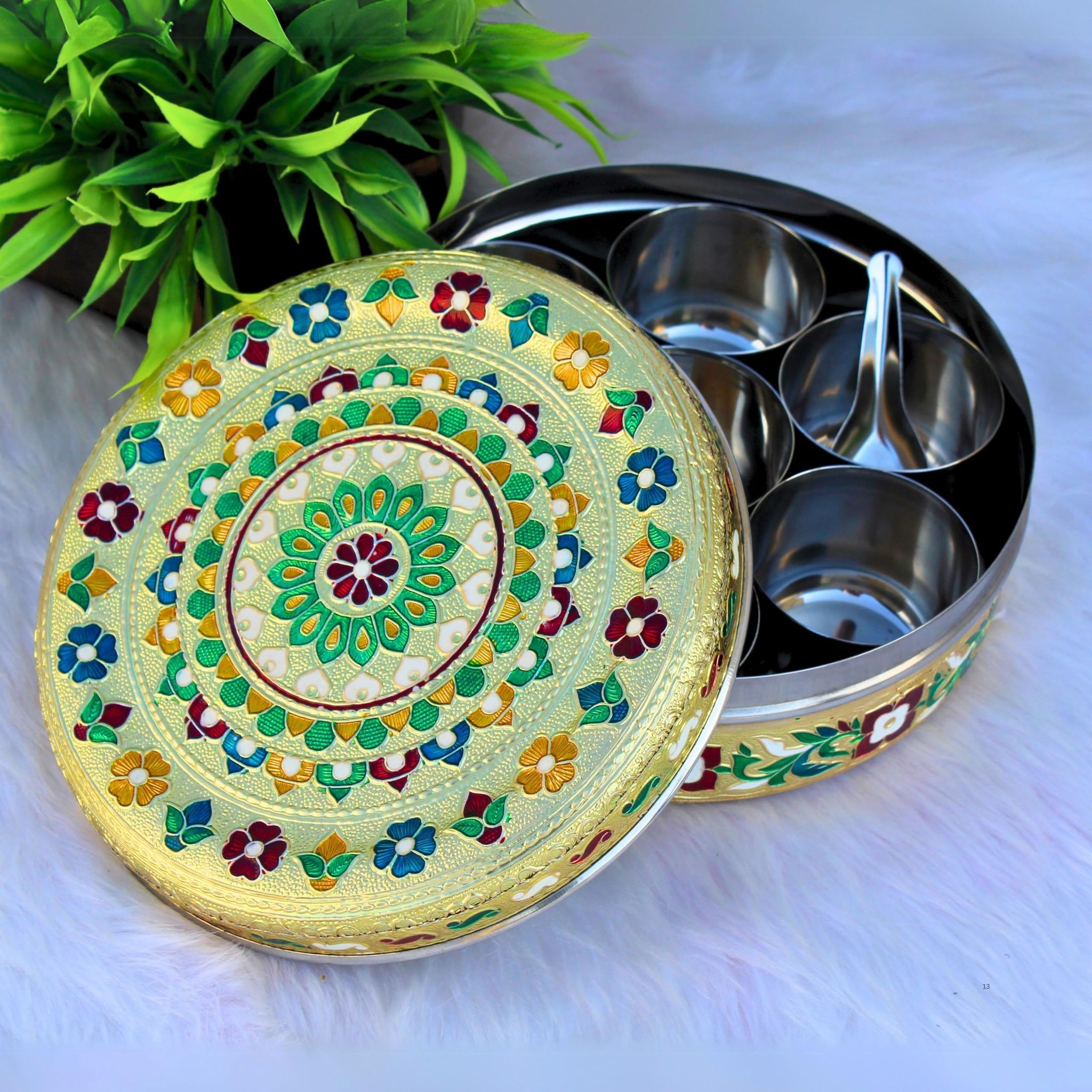 NAVRANG Stainless Steel Spice Box Masala Box/Dabba Decorative Meenakari/Roti Poori Dabba (7 Steel Cups With 1 Spoon) Multi Colour