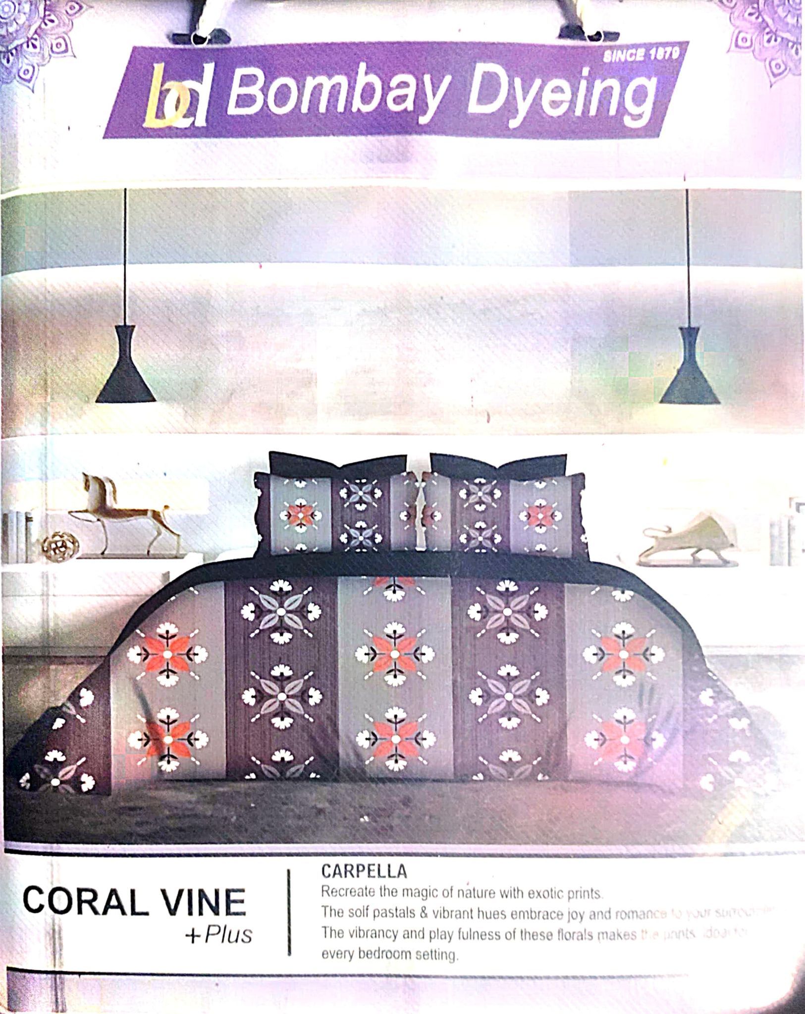 Bombay Dyeing Coral Vine Plus Carpella Bedding Set, Floral Print Pattern, Grey with Pink and White