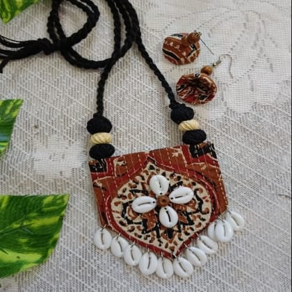 Ajrak Printed Long Necklace With Earrings Set
