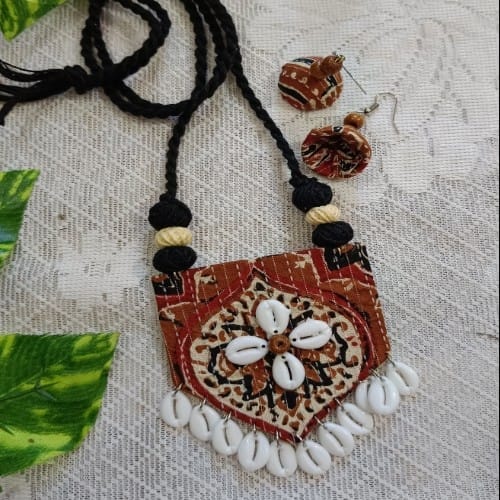 Ajrak Printed Long Necklace With Earrings Set