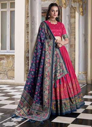 Red & Dark Blue Art Silk & Silk Blend Embroidered & Floral Print & Geometric Print & Digital Print Lehenga Choli For Women Red & Dark Blue Art Silk & Silk Blend Embroidered & Floral Print & Geometric Print & Digital Print Lehenga Choli For Women