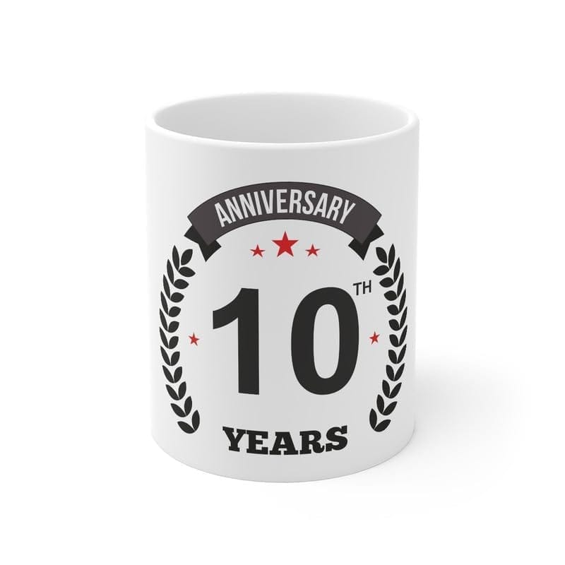 DARSHANS Ceramic 10th Anniversary Printed Coffee Mug (Color: White, Capacity:330ml)