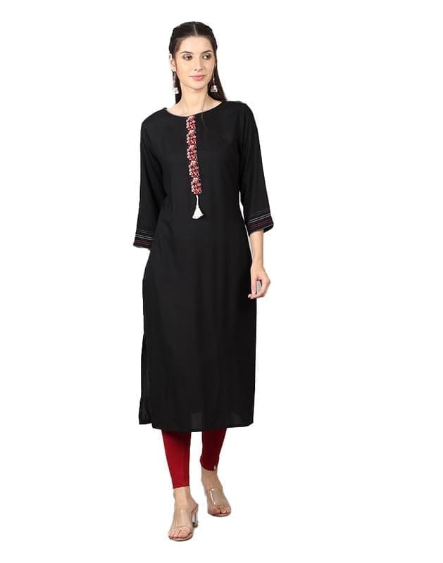 Women's Casual 3/4 Sleeve Viscose Rayon Printed Kurti (Black, M)-PID46389