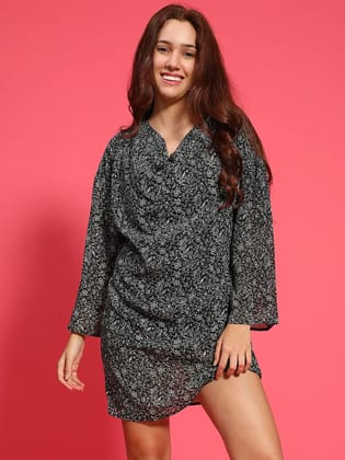 Astonishing Black Floral Print Long Sleeve Cowl Neck Women Dress Astonishing Black Floral Print Long Sleeve Cowl Neck Women Dress