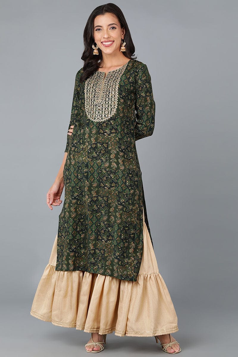 Green Silk Blend Abstract Yoke Design Straight Kurta VCK9010