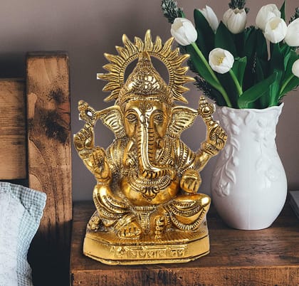 DreamKraft Metal Lord Ganesha Statue Sitting On Chowki Collectible Feng Shui Figurine (8 Inch, Gold) DreamKraft Metal Lord Ganesha Statue Sitting On Chowki Collectible Feng Shui Figurine (8 Inch, Gold)
