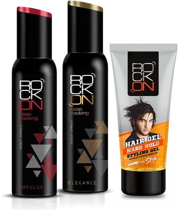 ROCK ON Grooming Combo of Impulse Deo & Elegance Deo (150ml Each) + Hard Hold Styling Gel (60g)