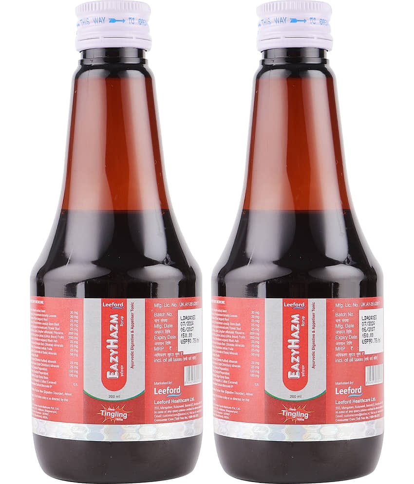 Leeford EazyHazm Syrup 200ml | Ayurvedic Digestive & Appetiser Tonic | New Tingling Taste Pack of 2