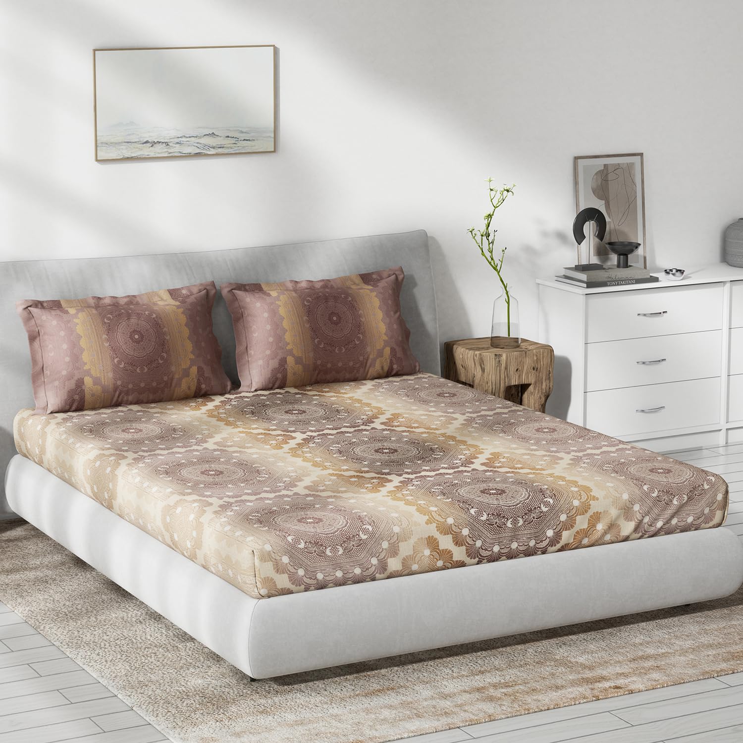 DDECOR - Primary Collection 100% Cotton Ethnic Pattern 145TC King Bedsheet |229 CM X 274 CM| Brown
