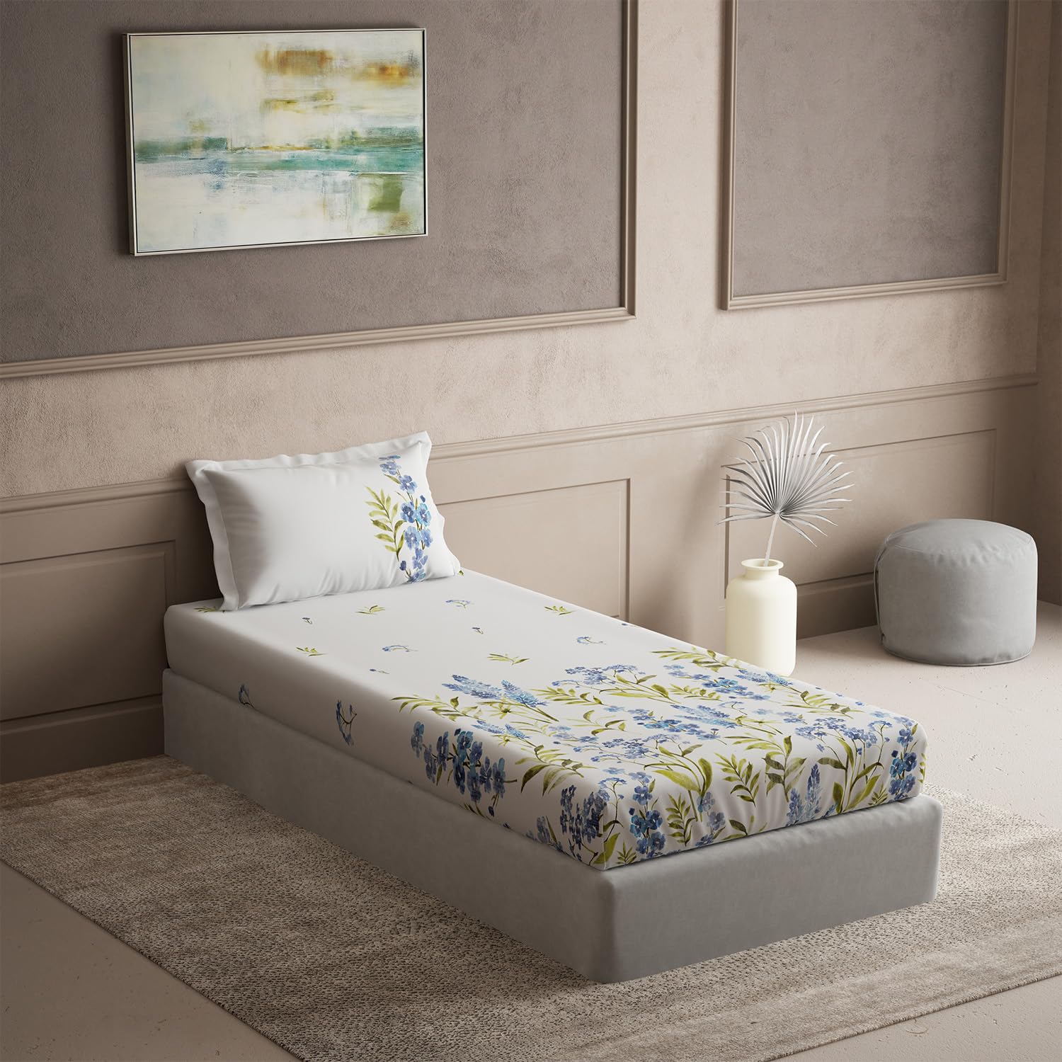 DDECOR - Radiance Collection 100% Cotton Floral Pattern 145TC Single Bedsheet|152 CM X 224 CM| - Blue