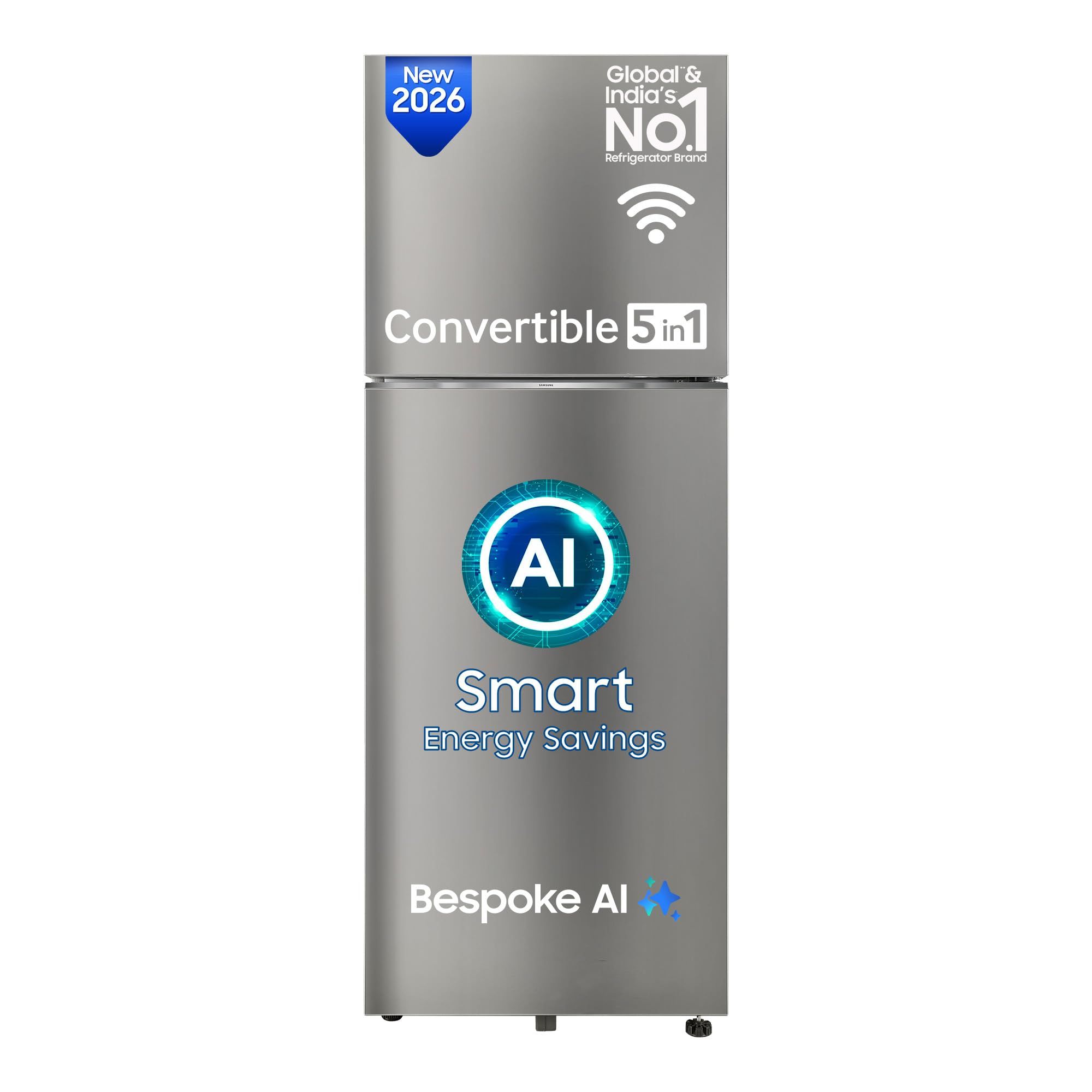 Samsung 350 L, 2 Star, Convertible 5-in-1, Digital Inverter, Frost Free Double Door, WiFi Bespoke AI Refrigerator (RT38HG5A42SLHL, Silver, Ez Clean Steel, 2026 Model) Samsung 350 L, 2 Star, Convertible 5-in-1, Digital Inverter, Frost Free Double Door, Wi