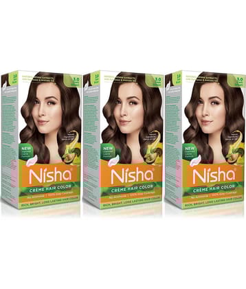 Nisha Creme Hair Color 3.0 Dark Brown 120g Pack of 3, Permanent Hair Colour for Women Men, No Ammonia 100% Grey Coverage