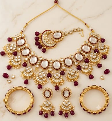 Arifa Begum Artificial Jewellery Handmade Kundan Jewellery Set – Maroon (5 Pieces)