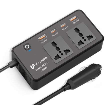 Mach AC 200 6-in-1 Car DC 12V to AC 200W Inverter with 4 port QC-PD USB UM1223