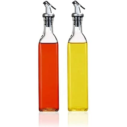 Glass Oil Dispenser With Funnel | 500 ML | Airtight Square Glass Bottle For Kitchen Olive Oil, Vinegar, Cooking Oil, Soy Sauce And Other Liquids | Pack of 2 |
