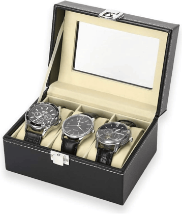 sakimo Premium 3-Slot Watch Box for Men & Women | PU Leather Watch Storage Case with Glass Display, Velvet Interior & Metal Lock