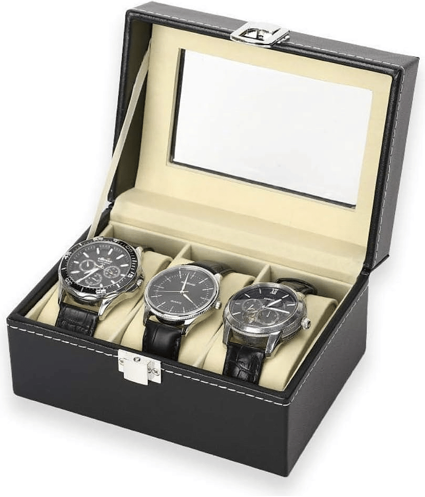 sakimo Premium 3-Slot Watch Box for Men & Women | PU Leather Watch Storage Case with Glass Display, Velvet Interior & Metal Lock