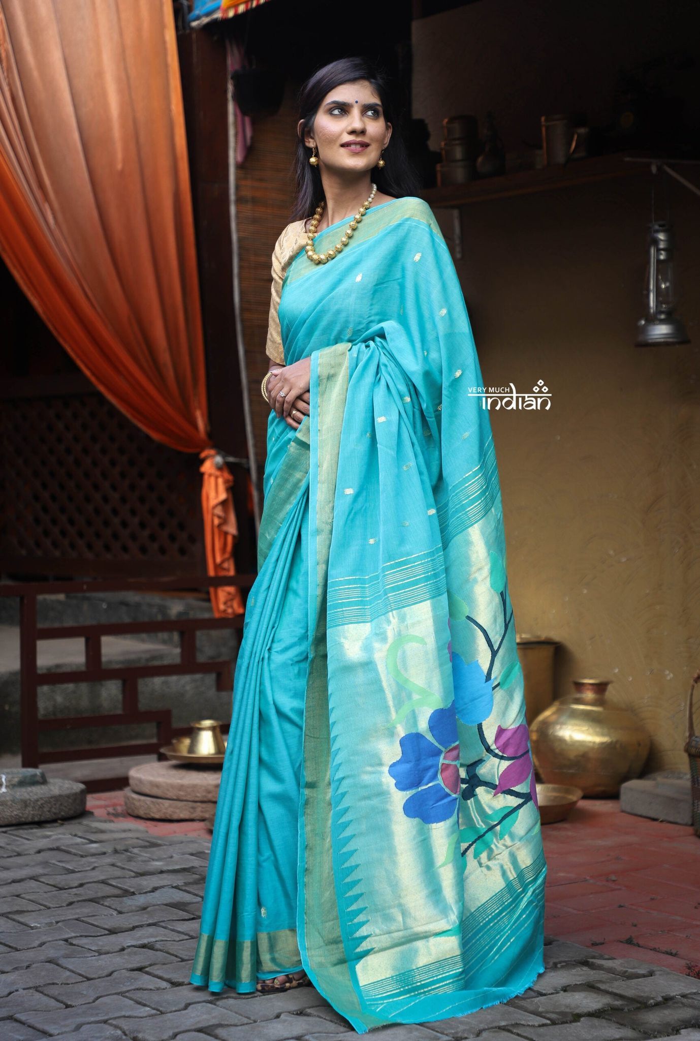 Utsaav ~ Traditional Handloom Cotton Paithanis in Pastel Peacock Blue with New Trending Floral Pallu