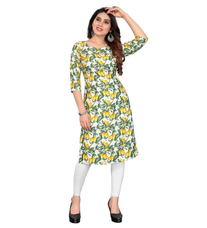 Women's Casual 3/4th Sleeve Printed Crepe Kurti (Multicolor, S)-PID46173