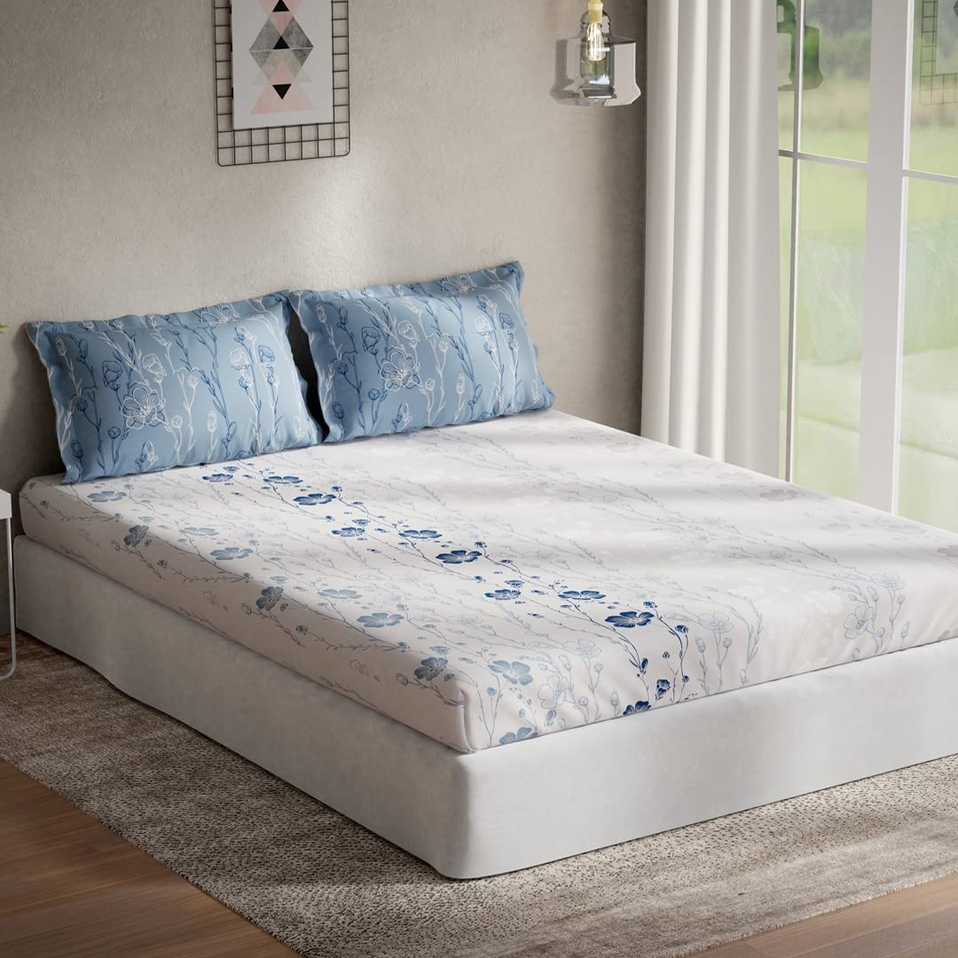 DDECOR - Sigma Collection 100% Cotton Floral Pattern 136TC King Fitted Sheet|180 CM X 198 CM| - Blue