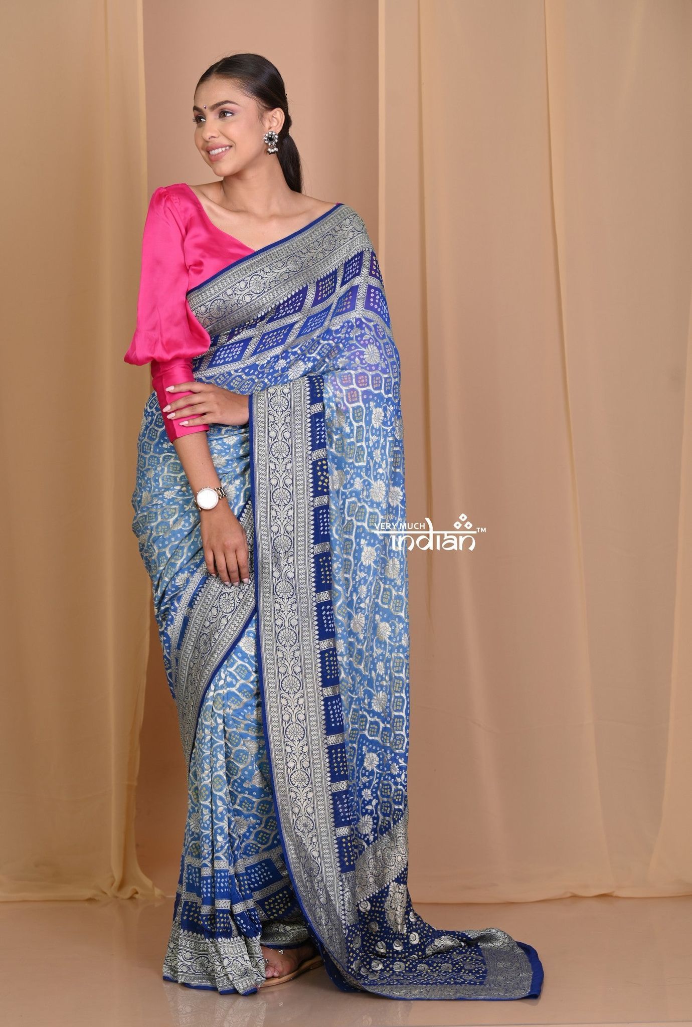 Pehal~ Authentic Handloom Persian Blue Pure Khaddi Georgette Saree with Hand Bandhani.
