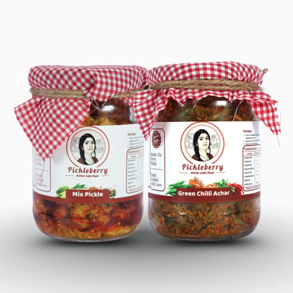 Pickleberry Mix Pickle + Green Chilli Achar Combo | Low-Oil | 1 KG (2 � 500g) Pickleberry Mix Pickle + Green Chilli Achar Combo | Low-Oil | 1 KG (2 � 500g)