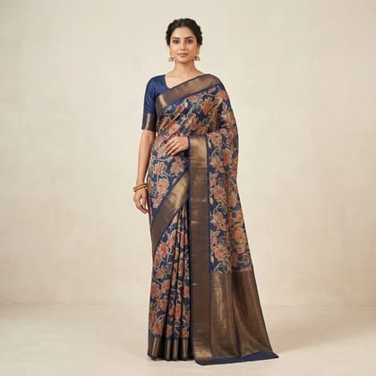 Navy Blue Kashmiri Silk Floral Print Golden Border Saree For Women