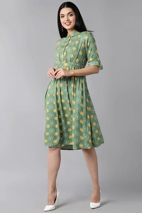 Green Cotton Floral Print Mini Dress VD1114