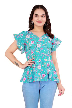 Women Blue Floral Print Regular Fit Tiered Crepe Top with Shoulder Straps