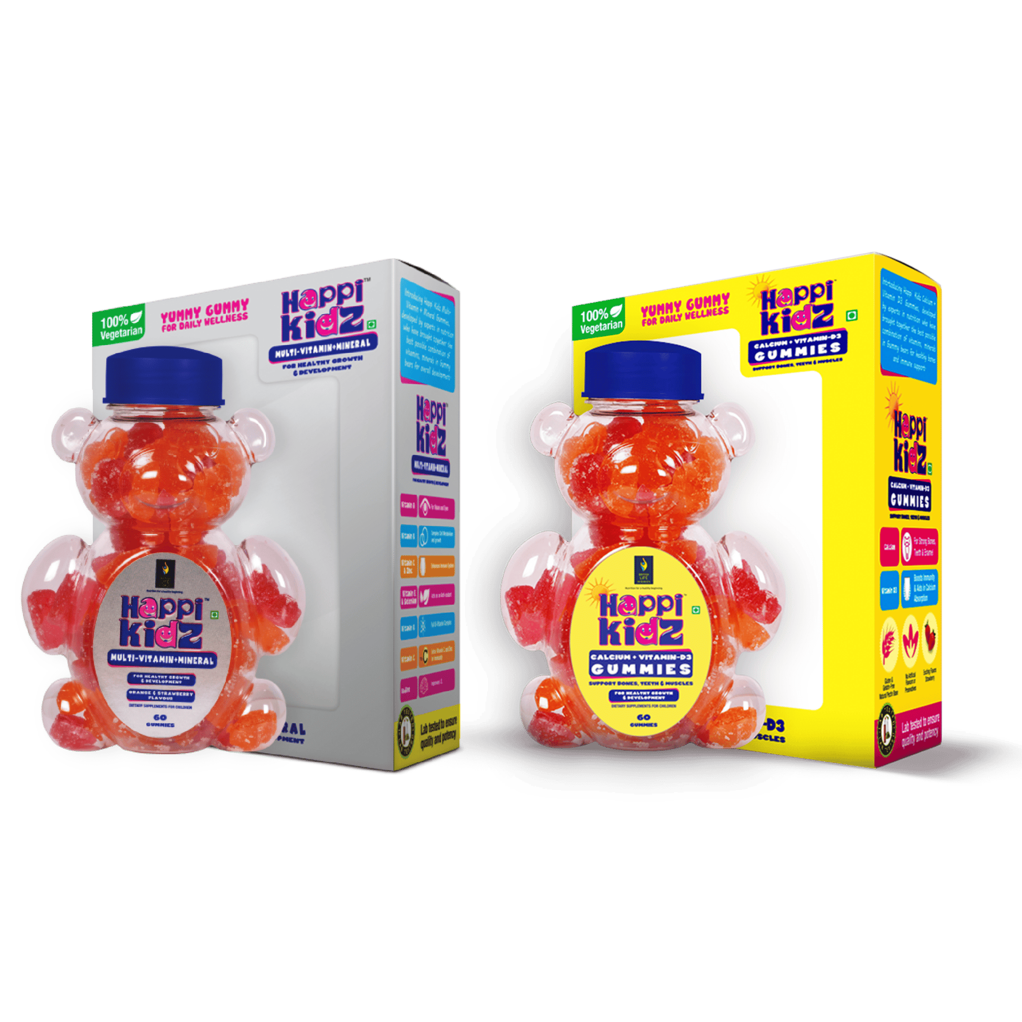 British Life Sciences Happi Kidz Calcium + Vitamin D3 Gummies & Happi Kidz Multivitamin Gummies Combo | Natural, Strong Bones, Muscles and Teeth, Boosts Immunity