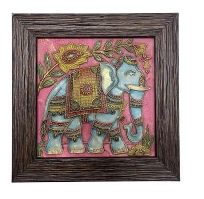 Framed Elephant Pink Wall Art, Decorative Relief Panel, Turquoise Background, Ornate Indian Design, Wooden Frame