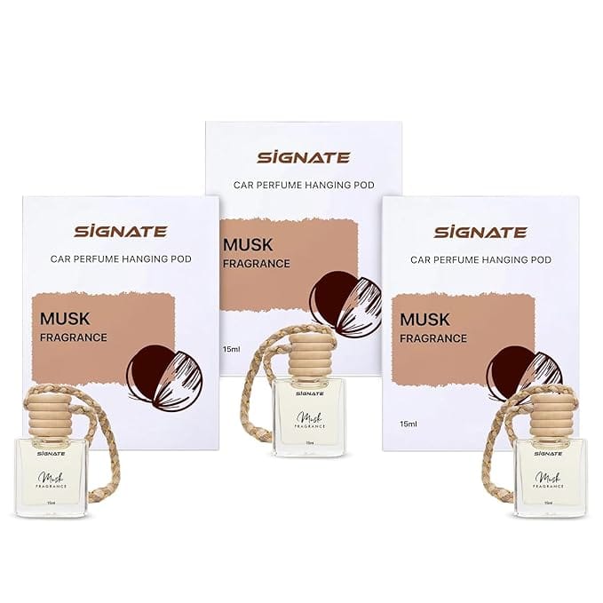 Signate Car Perfume with Natural Fragrance Essential Oils | Car Air Fresheners Long Lasting upto 90 days | Hanging Pod in Glass Bottle With Wooden Diffuser Lid 15ML