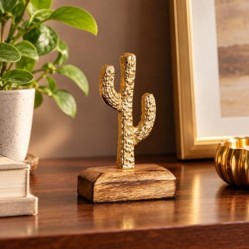 Metal Showpiece for Home Decor | Gold Aluminium Cactus Figurine with Wooden Base | Small Sculpture for Shelf,
