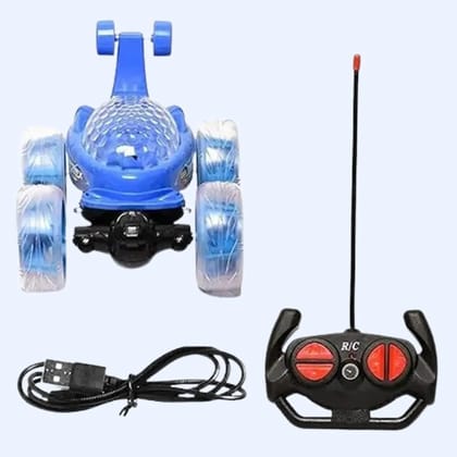 Rechargeable 360 Rotating & Rolling Big Stunt Car with USB Cable & Remote Controller, Dacing, Acrobatic Spiral Spin Music Toy for Kids (Blue)