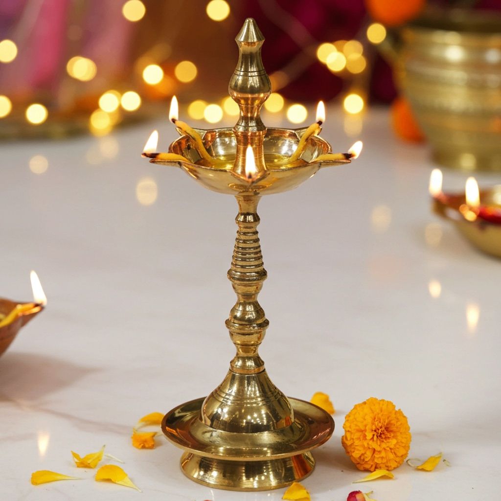 Brass Kerala Fancy Deepak, Oil Lamp No. 5  - Brass Deepak for Temple Aarti, Height : 8.2 Inch (FMAS642 Q)