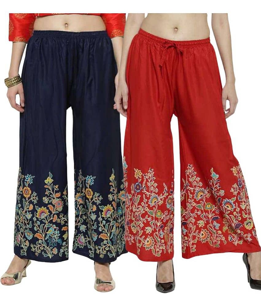 OMAYA - Maroon Rayon Flared Women's Palazzos ( Pack of 2 )