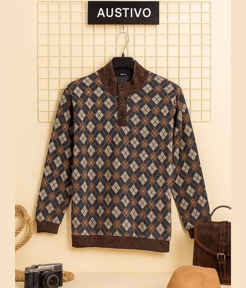 AUSTIVO Cotton Blend High Neck Men's Full Sleeves Cardigan Sweater - Coffee ( Pack of 1 )