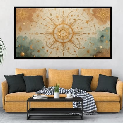 Luminary The Eternal Navigator – Astral Mandala Museum-Quality Cotton Canvas Art for Meditation Room Décor | Frame Size (127 X 69 Cm) | Frame Type (Black) | 5-Year Warranty