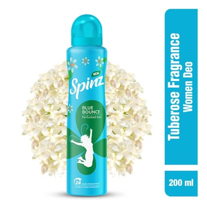 Spinz Blue Bounce Perfumed Deo for Women Fresh Tuberose Fragrance Long Lasting Freshness, 24 Hours Protection from Odour causing Bacteria - 200 ml Spinz Blue Bounce Perfumed Deo for Women Fresh Tuberose Fragrance Long Lasting Freshness, 24 Hours Protection from Odour causing Bacteria - 200 ml