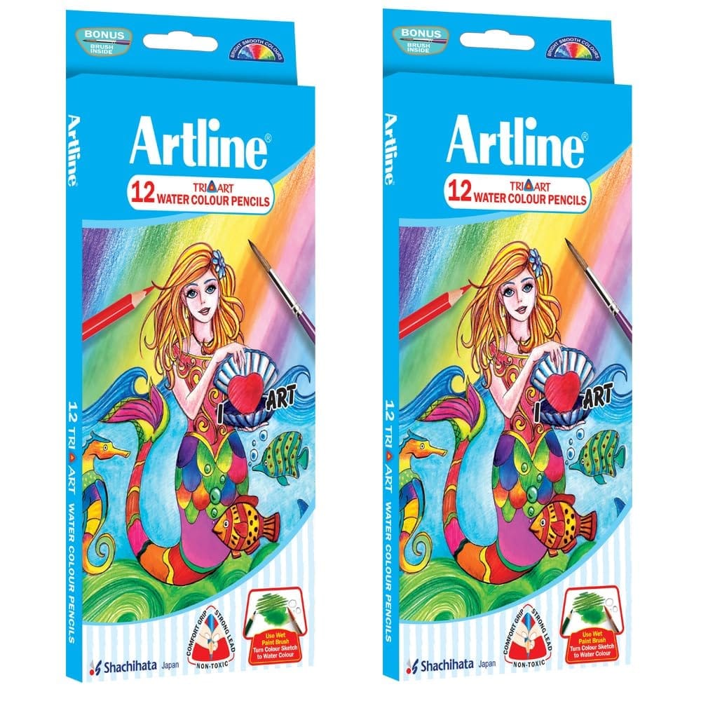 Artline Triangular Water Colour Pencil Pack of 12 with brush (Pack of 2) | For Various Artistic Purposes