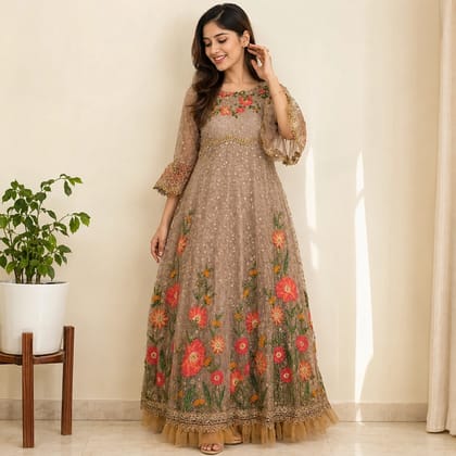 Taupe Net Floral Embroidered Festive Anarkali Maxi Gown