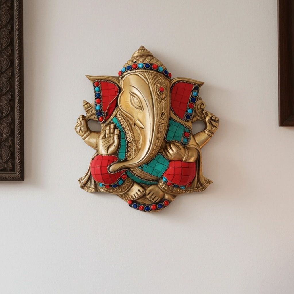 Brass Wall Hanging Showpiece Ganesh With Stone Finish (BSMAS794 B)