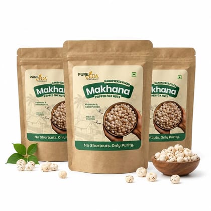 Pure Veda Organic Plain Makhana 100 G Pack of 3 | Premium Phool Makhana & Raw Fox Nuts | Handpicked Quality | Unflavoured & Unroasted | Natural Healthy Snack for Weight Loss | Perfect for Fasting, Vrat & Prasadam | High Protein Lotus Seeds