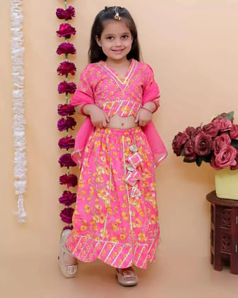 Kabir Kids Fashion Girls Pink Floral Printed Lehenga Choli Set with Dupatta – Festive & Party Wear Ethnic Outfit