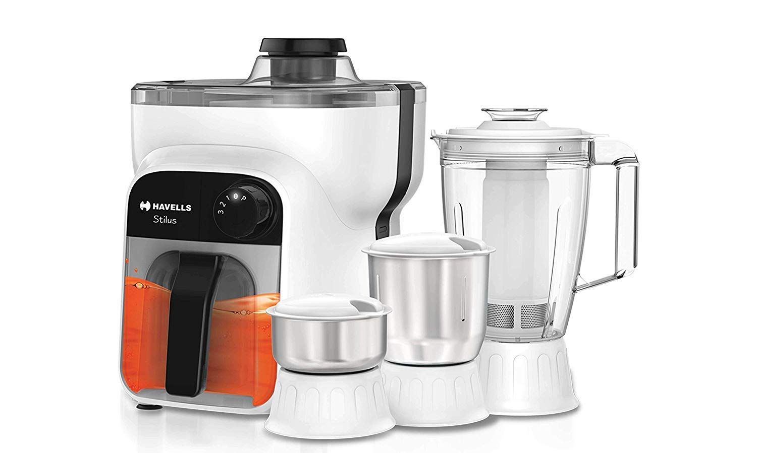 Havells Stilus 500 Watt Juicer Mixer Grinder 4 Jar With 3 Speed Led Indication,Big Size Pulp Container,Juicer Jar With Fruit Filter&Sliding Spout,1 Ltr Transparent Serving Jar(White/Black)500 Watt Havells Stilus 500 Watt Juicer Mixer Grinder 4 Jar With 3