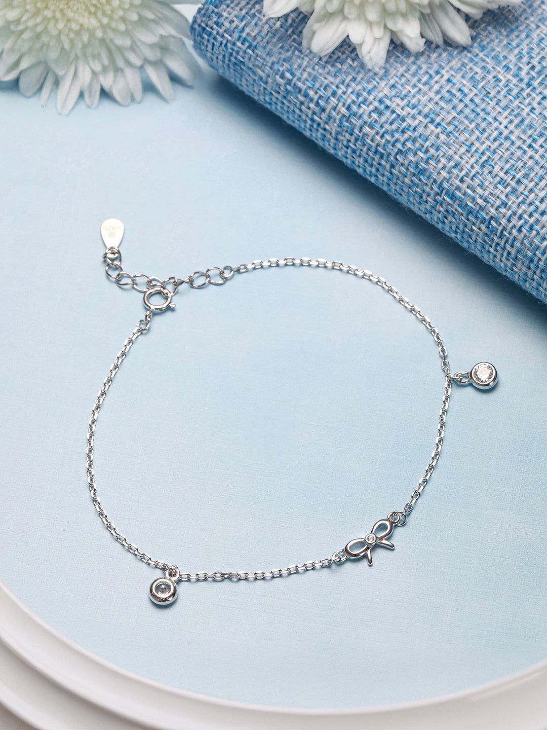 925 Sterling Silver Plated Bow Charms  Link  Adjustable Bracelet