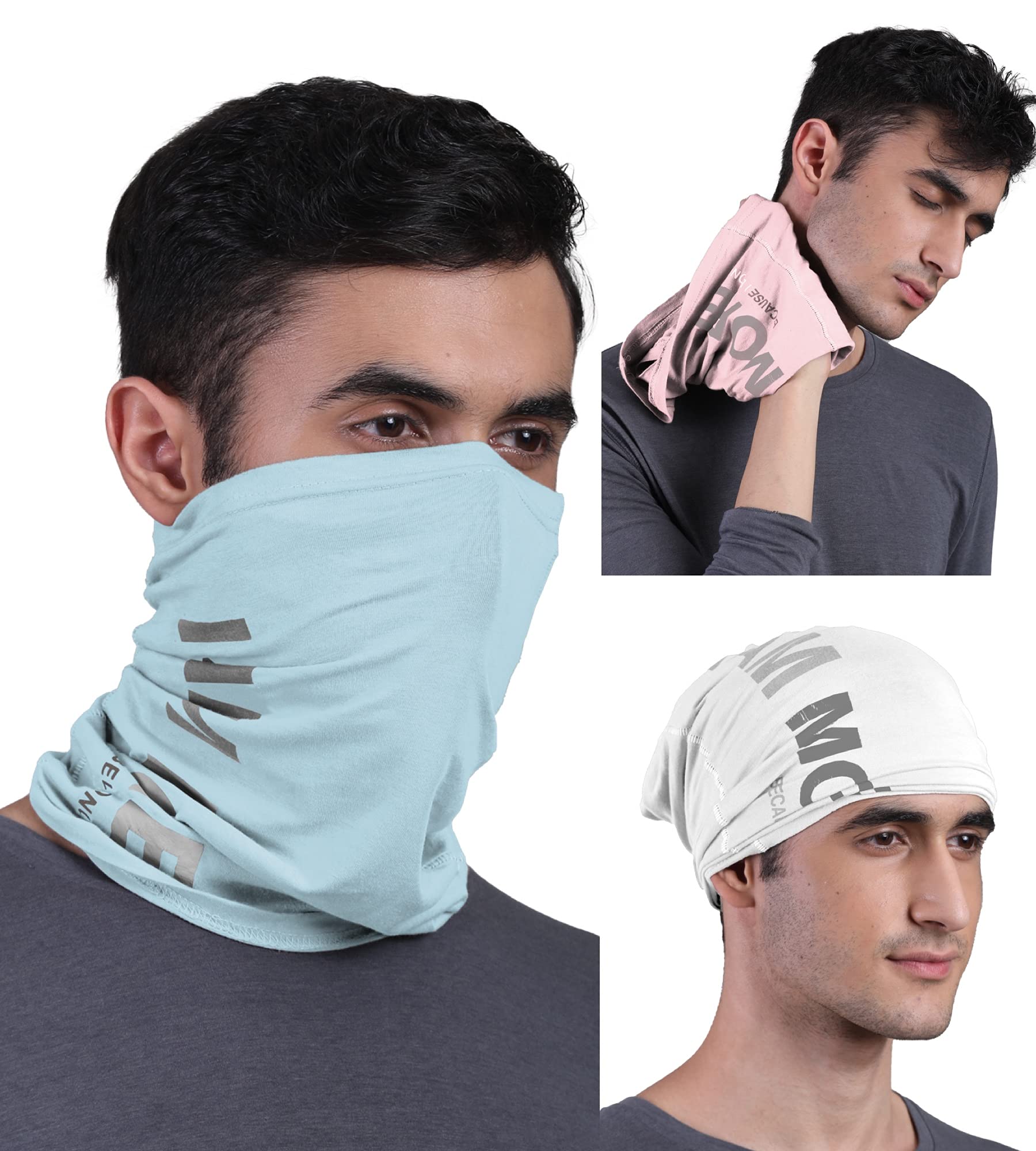 FREECULTR Unisex Bamboo Bandana, Anti Microbial Super Soft & Comfort Fit, Breathable Multipurpose Headband - Printed Pack of 3-Chalk Blue,Pastle Peach,White