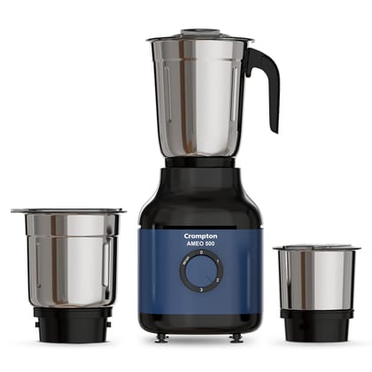 Crompton Ameo 500W Mixer Grinder with Powertron Motor & Motor Vent-X Technology, Robust design (3 Stainless Steel Jars, Blue and Black) Crompton Ameo 500W Mixer Grinder with Powertron Motor & Motor Vent-X Technology, Robust design (3 Stainless Steel Jars